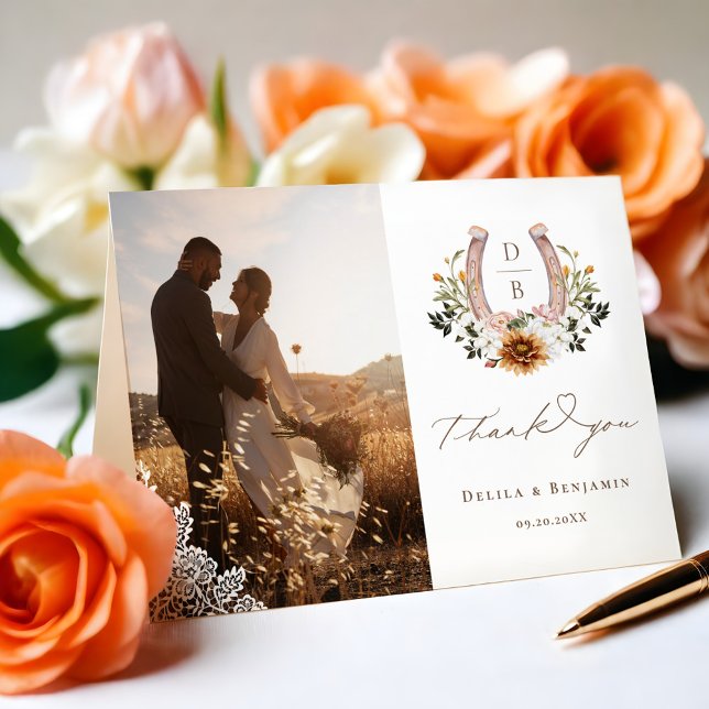 Westerna Snöre Horseshoe Heart-skript Bröllop-foto Tack Kort (Western Lace Horseshoe Heart Script Wedding Photo Thank You Card)