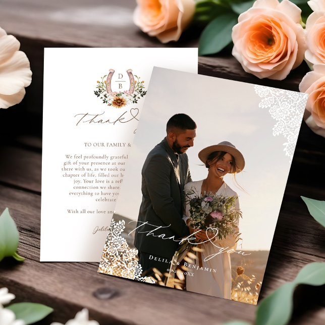 Westerna Snöre Horseshoe Heart-skript Bröllop-foto Tack Kort (Western Lace Horseshoe Heart Script Wedding Photo Thank You Card)