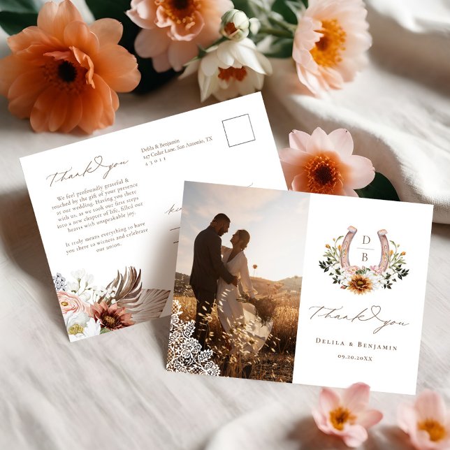 Westerna Snöre Horseshoe Heart-skript Bröllop-foto Vykort (Western Lace Horseshoe Heart Script Wedding Photo Postcard (Front & Back))