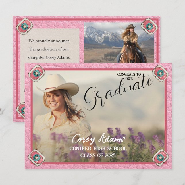 Westerna Stil Rosa Cowgirl Photo Grad Announcement Meddelande (Fram/baksida)
