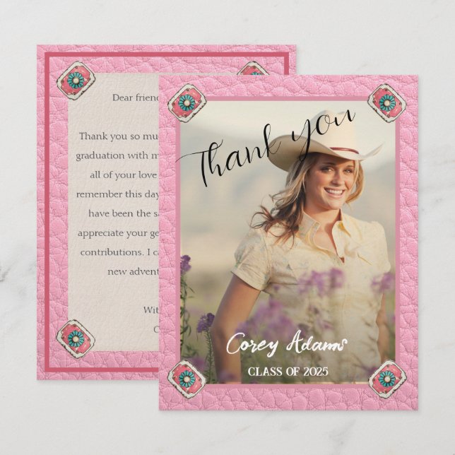 Westerna Stil Rosa Cowgirl Photo Studenten Tack Kort (Fram/baksida)
