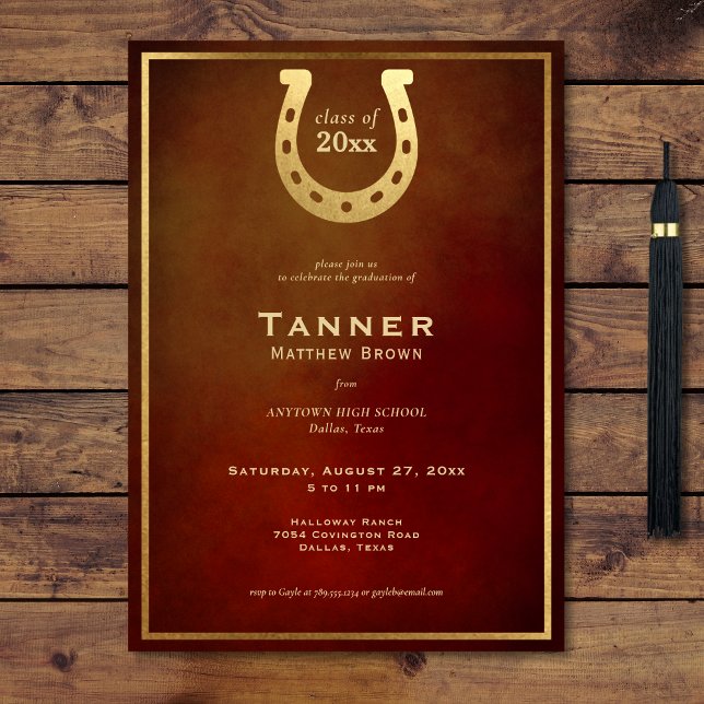 Westerna Studentfesten Horseshoe Leather Guld Inbjudningar (Western Horseshoe Leather Gold Graduation Party Invitation)