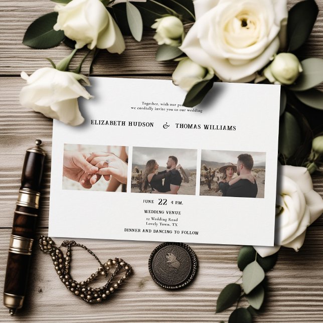 Westerna svarta, svarta, vita, foto Bröllop Inbjudningar (country western black white wedding invitation vintage 3 photos frame formal elegant modern ranch)
