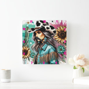 Westerna teman för snyggt Cowgirl Illustration Blo Fyrkantig Klocka