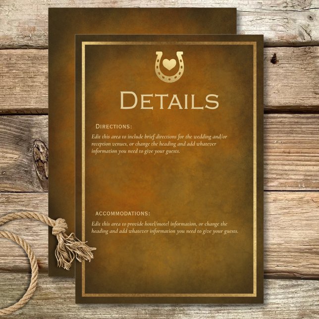 Westerna uppgifter om Rustic Horseshoe Brown & Gul Tilläggskort (Western Rustic Horseshoe Brown & Gold Details Enclosure Card)