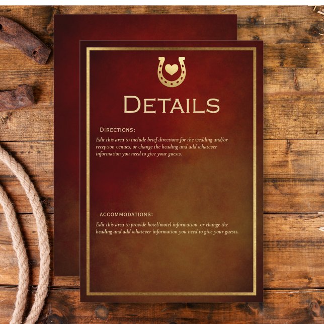Westerna uppgifter om Rustic Horseshoe Burgundy &  Tilläggskort (Western Rustic Horseshoe Burgundy & Gold Details Enclosure Card)