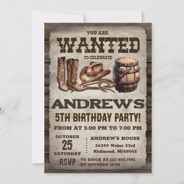 Westerna Vintagen Cowboy Birthday, Land Inbjudningar (Framsida)
