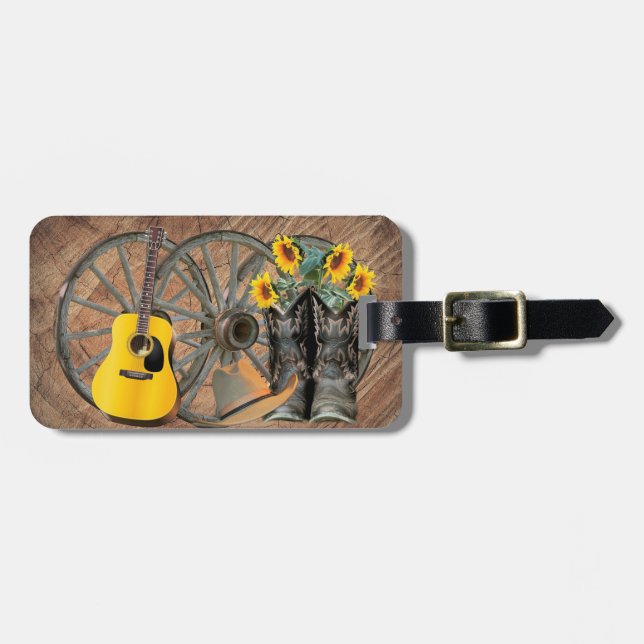 Westerna Wagon Wheel Guitar Cowboystövlar Solros Bagagebricka (Horisontell Framsida)