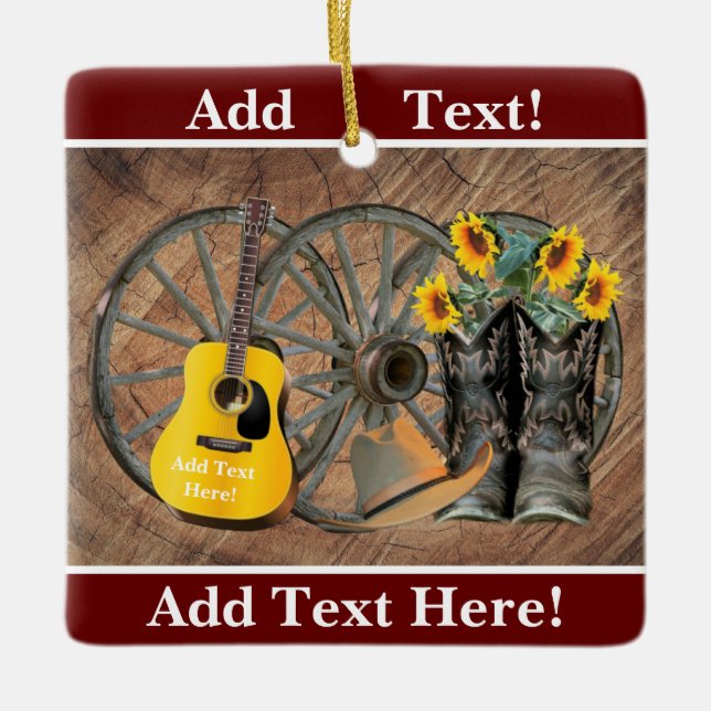 Westerna Wagon Wheel Guitar Cowboystövlar Solros Julgransprydnad Keramik (Framsida)