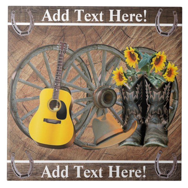 Westerna Wagon Wheel Guitar Cowboystövlar Solros Kakelplatta (Framsidan)