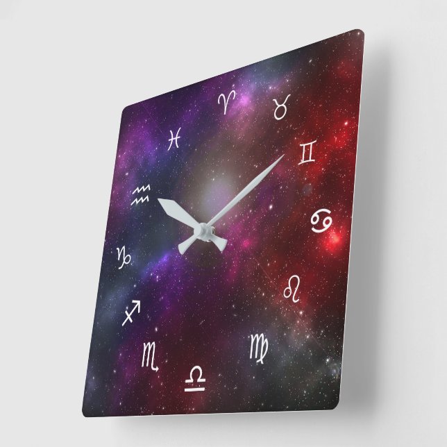 Westerna Zodiac-symboler på ett Cosmic Starfield Fyrkantig Klocka (Vinkel)