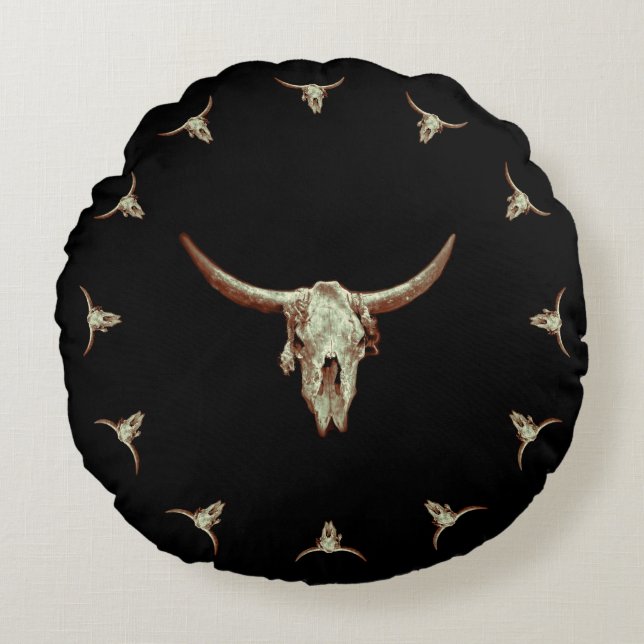 Westernare Cow Skull Black Brown Land Rustic Stil Rund Kudde (Framsidan)