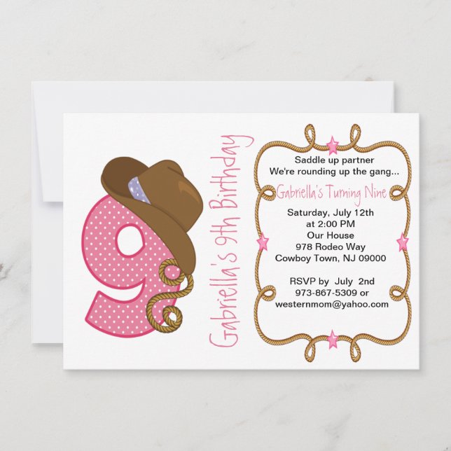 Westernare inbjudan till Big Nine Girl Birthday (Framsida)
