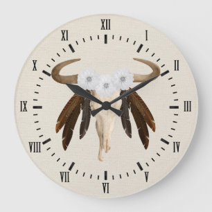 Westernare Prairie-Blommigt Cow Skull Roman Numera Stor Klocka