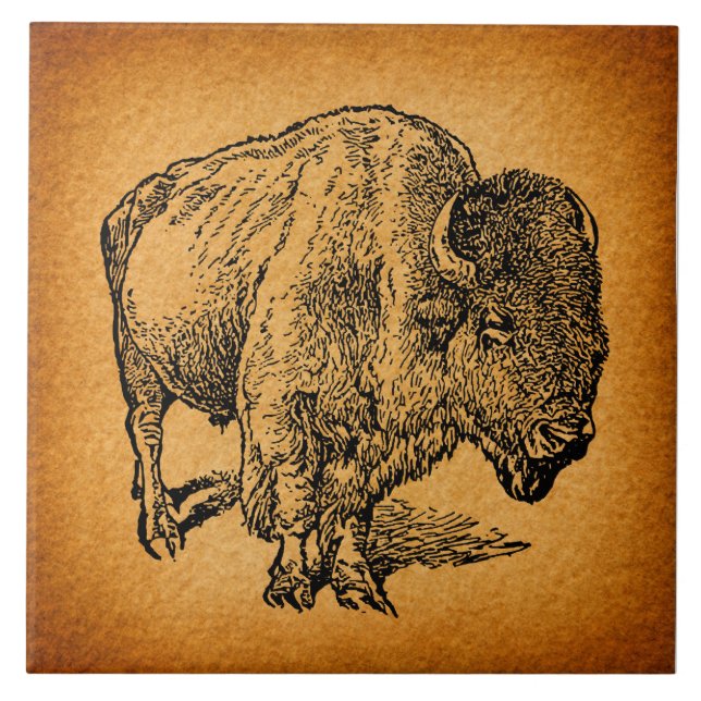 Westernare Vild Buffalo Bison Antique Art Kakelplatta (Framsidan)