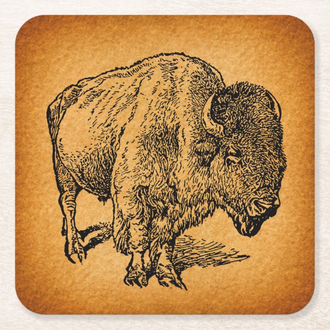 Westernare Vild Buffalo Bison Antique Art Underlägg Papper Kvadrat (Framsidan)