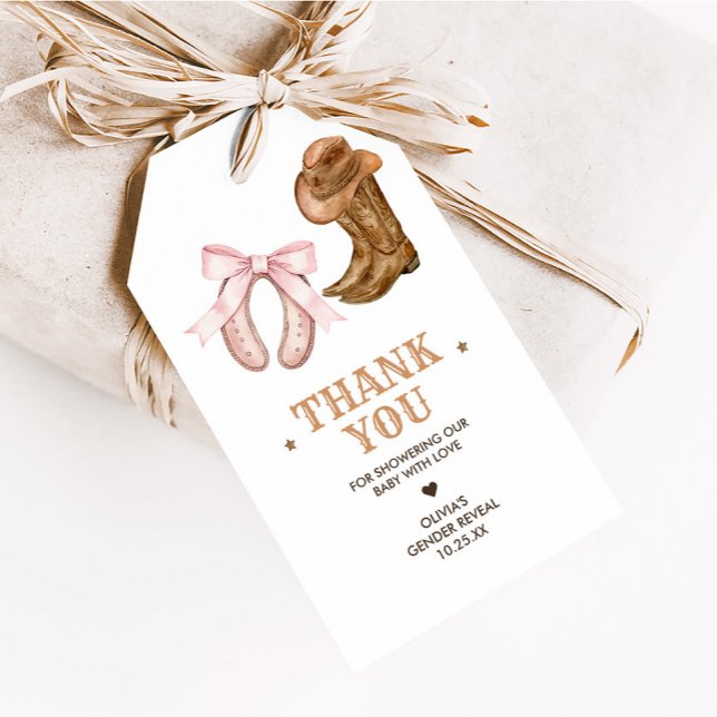 Westernstövlar och slingor Könsbestämningsetikette Presentetikett (Boots and Bows Gender Reveal Favor Tags)