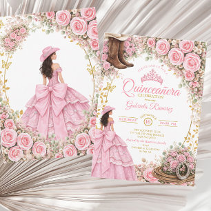 Westernstövlar Rosa Rosor Guld Quinceañera Inbjudningar