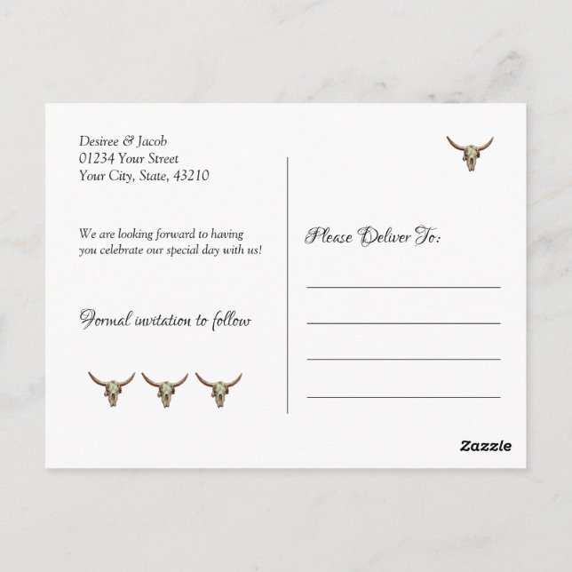 Westernt Bull Skull för Rustic Bröllop Spara datum Vykort (Baksida)