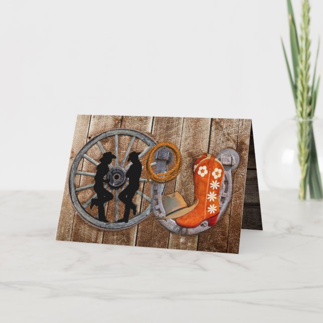 Westernt Cowboycowgirl Horseshoe Wagon Wheel Card Kort (Framsida)