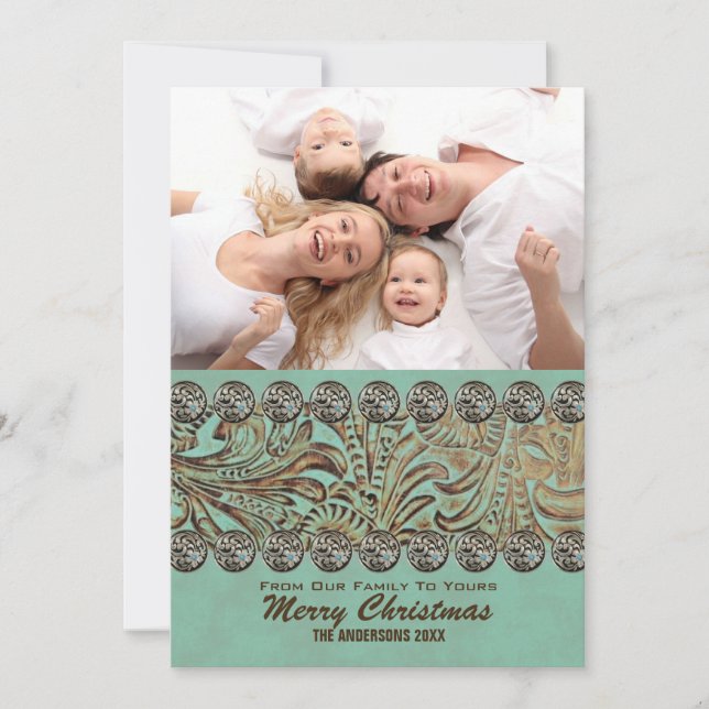 Westernt jullfoto i Teal Leather Land Julkort (Framsida)