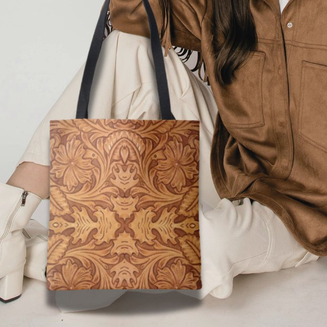 Westernt läder från Rustit bruncowboyskåda mode Tygkasse (Rustic brown cowboy fashion western leather print tote bag)