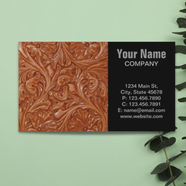 westernt läder i mönster visitkort (cowboy western country pattern tooled leather business card)