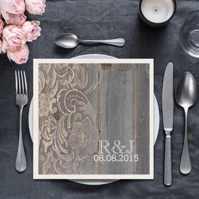 westernt landsbyggsbröllop från snöre i rostån pappersservett (rustic barn wood lace western country wedding paper napkins)