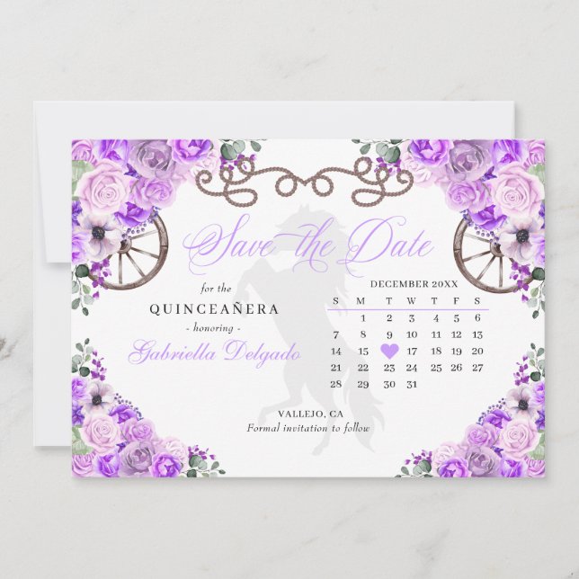 Westernt Lilac Charro Quinceañera Spara datum Inbjudningar (Framsida)