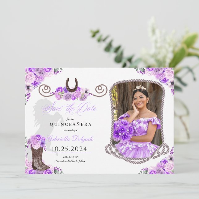 Westernt Lilac Quinceañera sparar datumfoto Inbjudningar (Stående Fram)