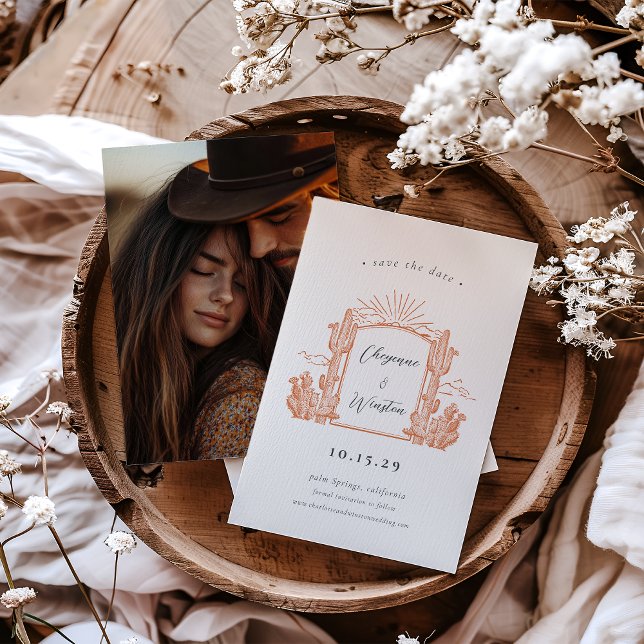 Westernt monogram för Desert Cactus Spara datum Inbjudningar (Desert Cactus Western Monogram Save the Date Invitation - Burnt Orange
)