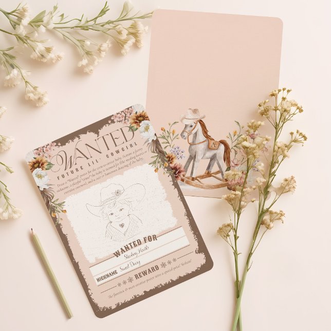 Westernt önskat Poster spelkort för Flicka-visning Inbjudningar (Western Wanted Poster Baby Girl Shower Game Card)