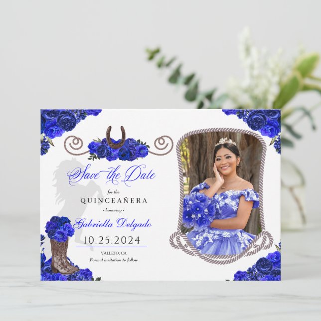 Westernt Royal Blue Quinceañera Spara datumfoto Inbjudningar (Stående Fram)