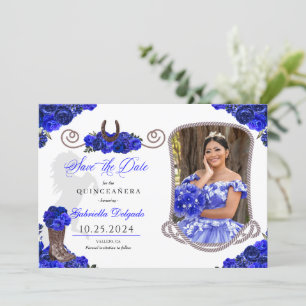 Westernt Royal Blue Quinceañera Spara datumfoto Inbjudningar