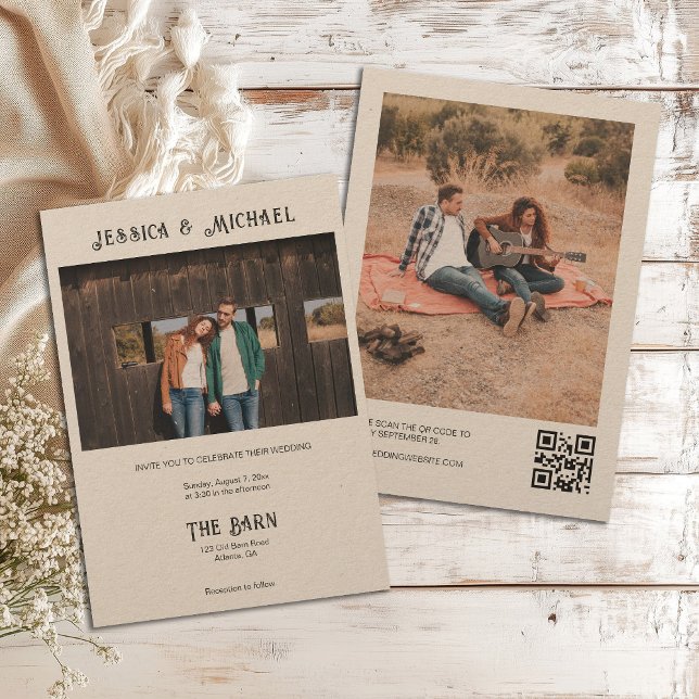 Westernt Rustic Photo med QR-kod Kraft Papper Inbjudningar (Skapare uppladdad)