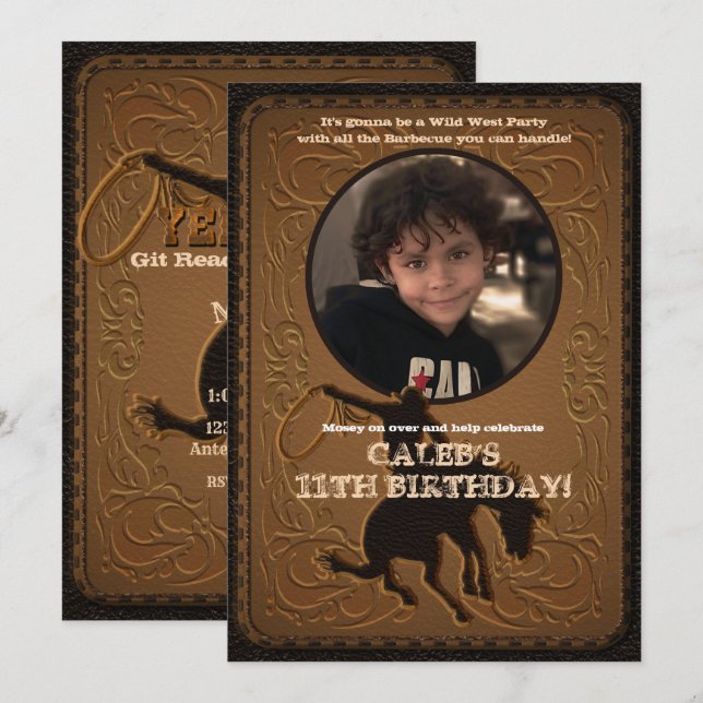 Westernt Vilda western Cowboy Birthday Photo Inbjudningar (Fram/baksida)