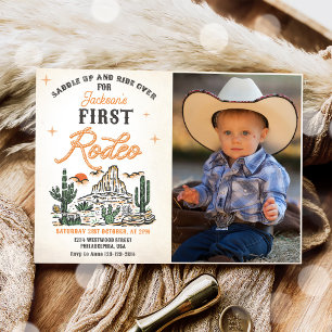 Westernt Vintage Desert First Rodeo Birthday Photo Inbjudningar