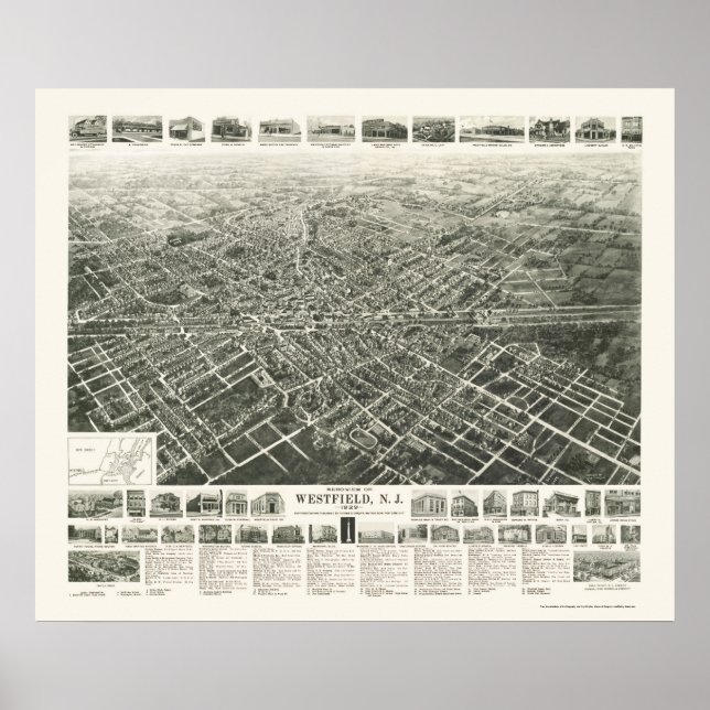 Westfield, NJ Panoramic Karta - 1929 Poster (Framsidan)