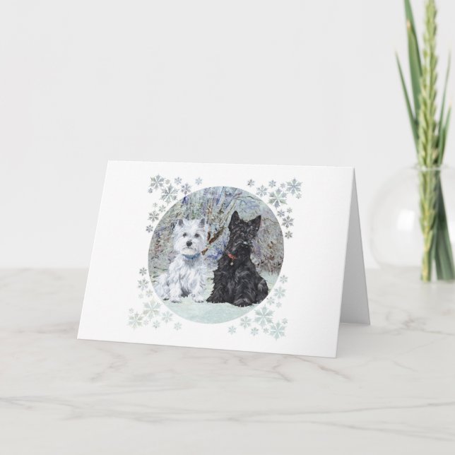 Westie and Scottie in Snowy Ligcape Helgkort (Framsida)