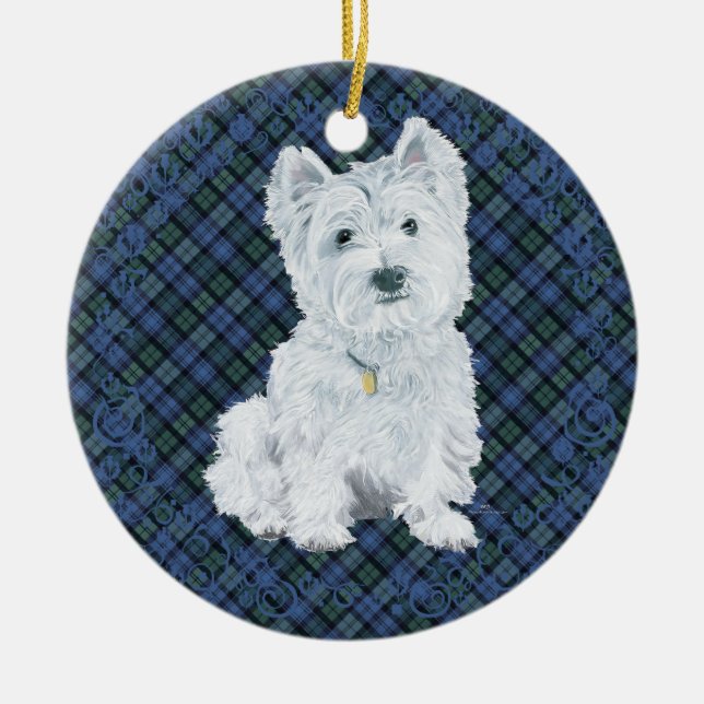 Westie Black Watch Tartan Julgransprydnad Keramik (Framsidan)