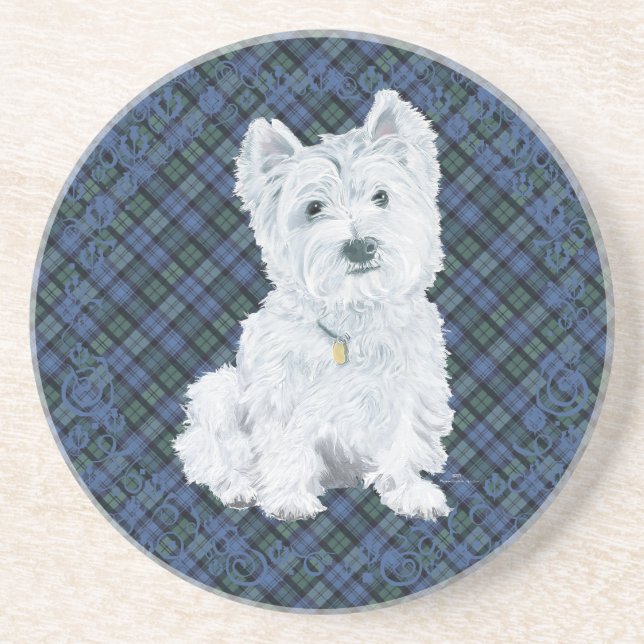 Westie Black Watch Tartan Underlägg Sandsten (Framsidan)