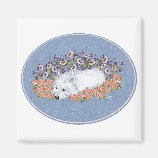 Westie Blommigt Repose Magnet (Framsidan)