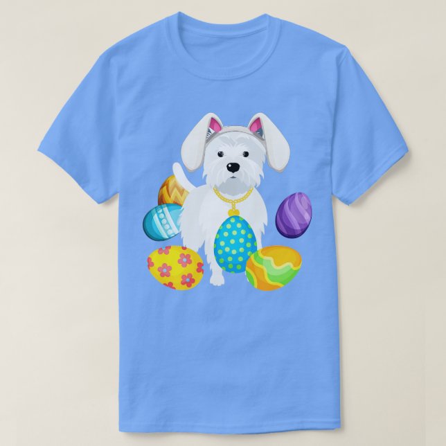 Westie Bunny Rabbit Hat som spelar Påskägg Lycklig T Shirt (Design framsida)
