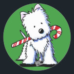 Westie Candycane Cutie KiniArt Stickers Runt Klistermärke<br><div class="desc">Jul Väster Highland White Terrier hund aveln art av Contemporary VALP Artist,  Kim Niles. © Kim Niles,  KiniArt™ - Med förbehåll för alla Höger.</div>