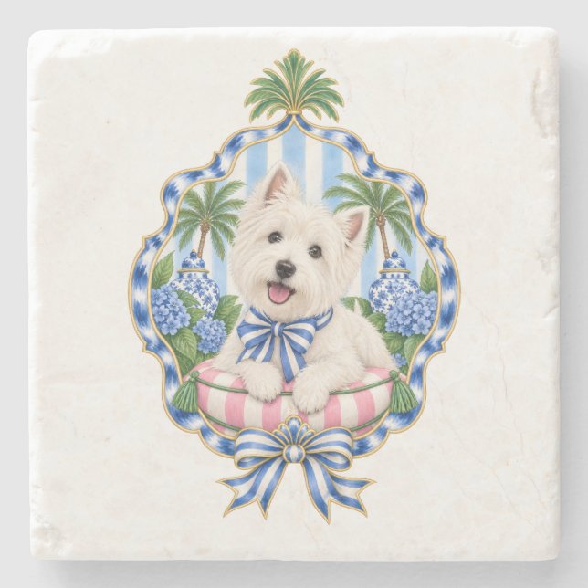 Westie Chinoiserie Kuddarpillow | Blå Vit Rosa  Stenunderlägg (Framsidan)