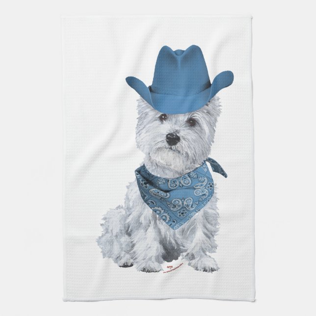 Westie Cowboy i Blå Kökshandduk (Vertikal)