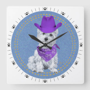 Westie Cowboy på Denim Fyrkantig Klocka