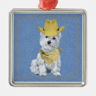 Westie Cowboy på Denim Julgransprydnad Metall
