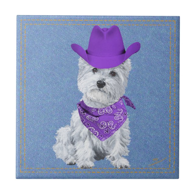 Westie Cowboy på Denim Kakelplatta (Framsidan)
