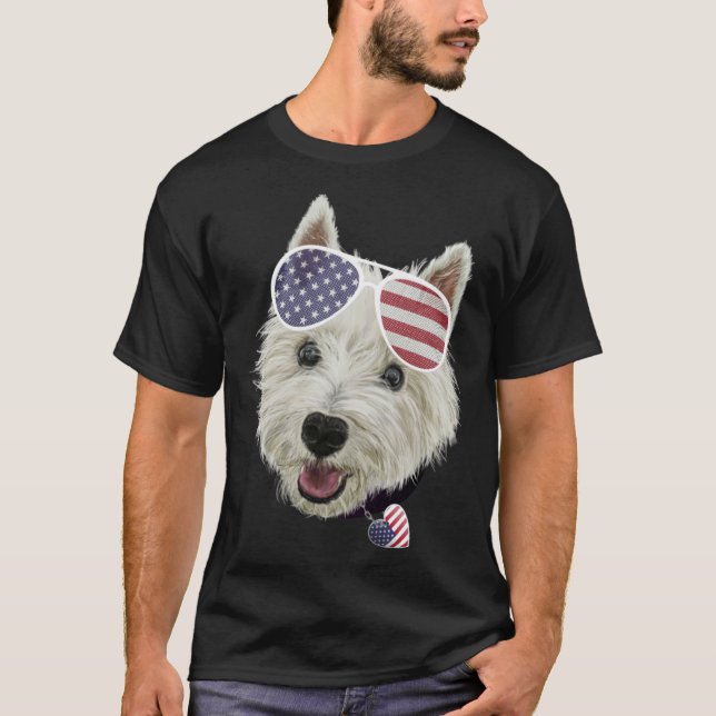 Westie Dog Fourth Of July USA Flag Glasses And Hea T Shirt (Framsida)